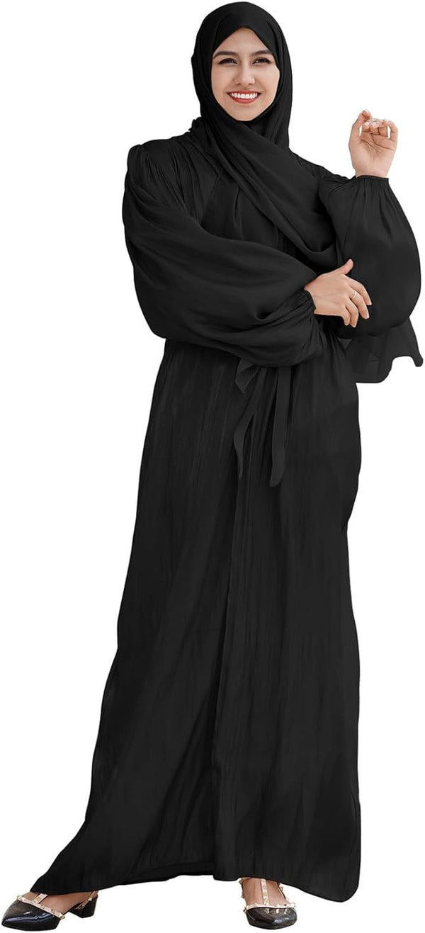 Women Silk Muslim Dresses Abaya with Hijabs Scarf Open Front Cardigan Maxi Dress Dubai Robe Islamic Middle East Ethnic Dress