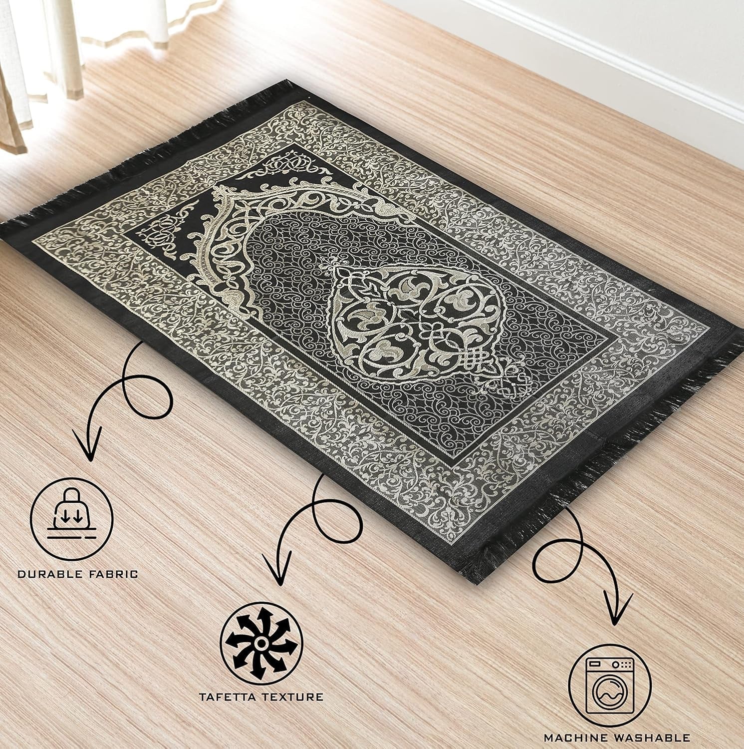 Muslim Prayer Rug Prayer Beads Kufi Hat for Men and Women 100% Breathable Black Skull Beanie Traditional Desing Prayer Mat Eid Ramadan Gifts Islamic Set Salah Mat Taffeta Fabric Soft (Black)