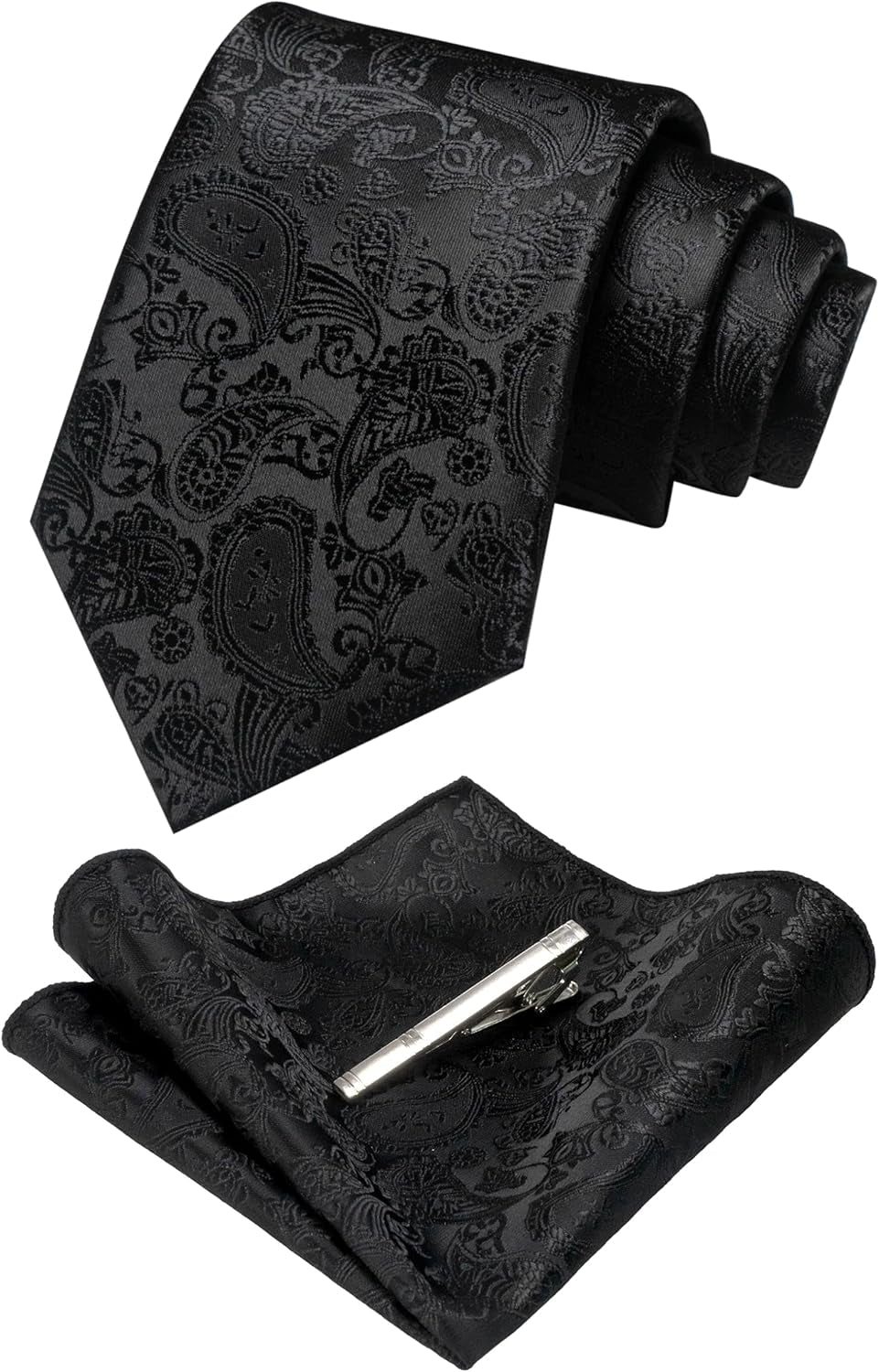Mens Solid Color Paisley Necktie and Pocket Square with Tie Clip Sets