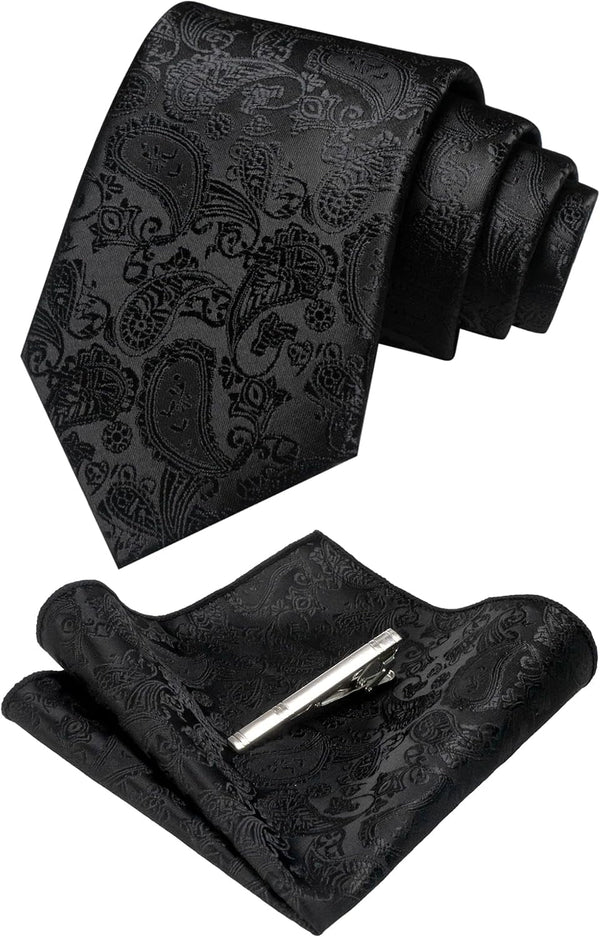 Mens Solid Color Paisley Necktie and Pocket Square with Tie Clip Sets