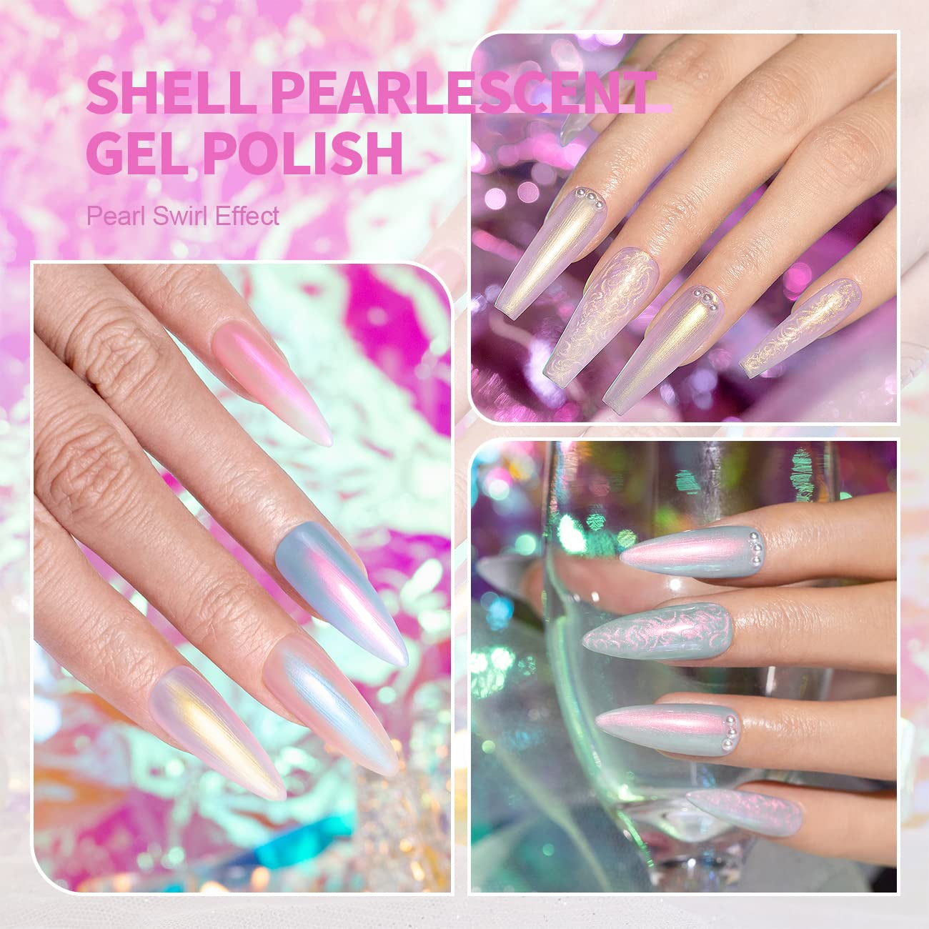 Pearl Gel Nail Polish - Glitter Pearlescent Shell Gel Polish in Pink, Beige, Blue, Green, Purple Shimmer Mermaid Swirl Thread Effect - Soak off LED UV Curing - DIY Manicure Use