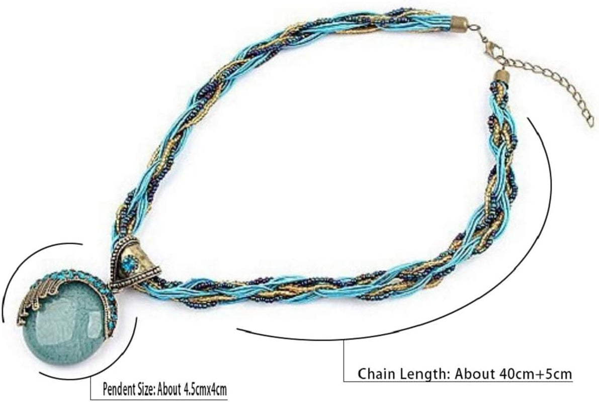 Women Lady Handmade Retro Vintage Bohemian Style Twist Woven Rope Chain Turquoise Rhinestone Pendant Collar Necklace Fashion Jewelry