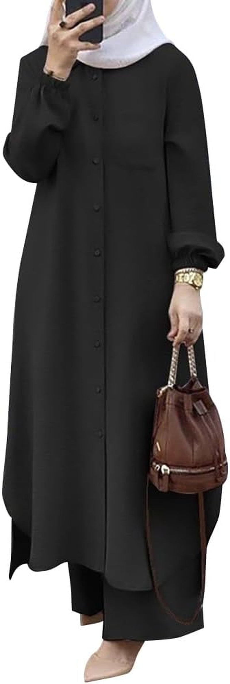 Prayer Clothes for Muslim Women 2 Piece Long Sleeve Button down Shirt Dress Wide Leg Pants Abaya Dress for Women Islamic Clothes Middle East Ramadan Muslim Dresses Eid Dresses for Women Black L