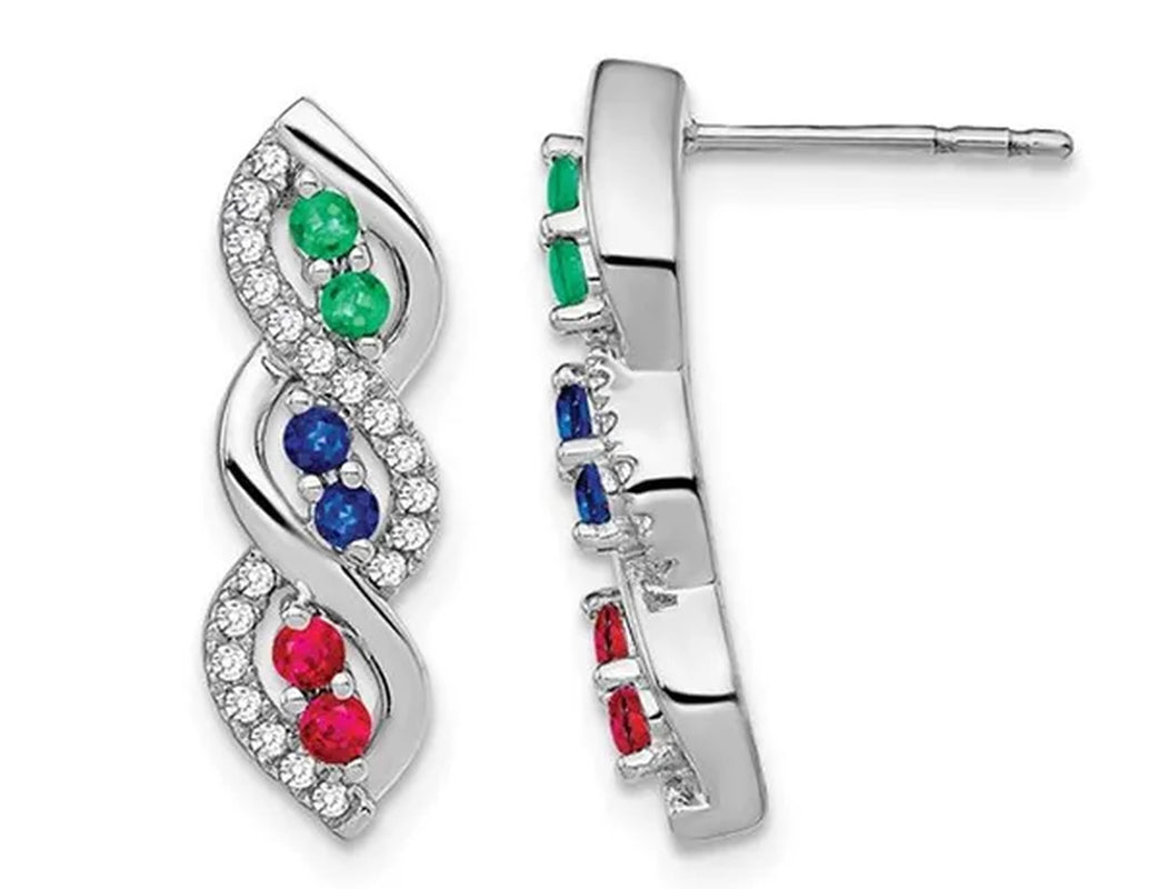 1/3 Carat (ctw) Blue Sapphire, Emerald and Ruby Infinity Earrings in 14K White Gold with Diamonds