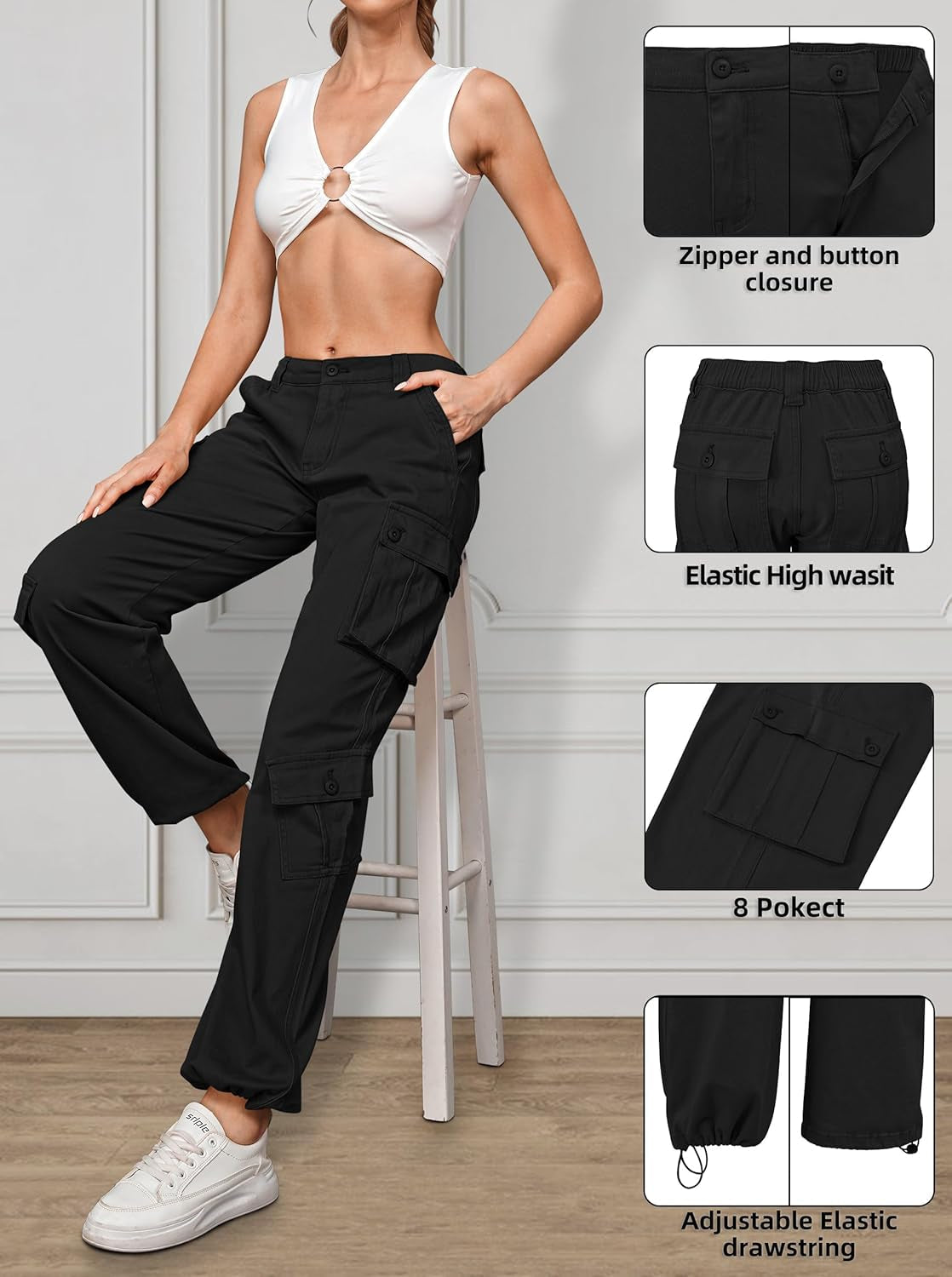 Women Pants High Waisted Cargo Pants Combat Military Wide Leg Casual Trousers 8 Pockets