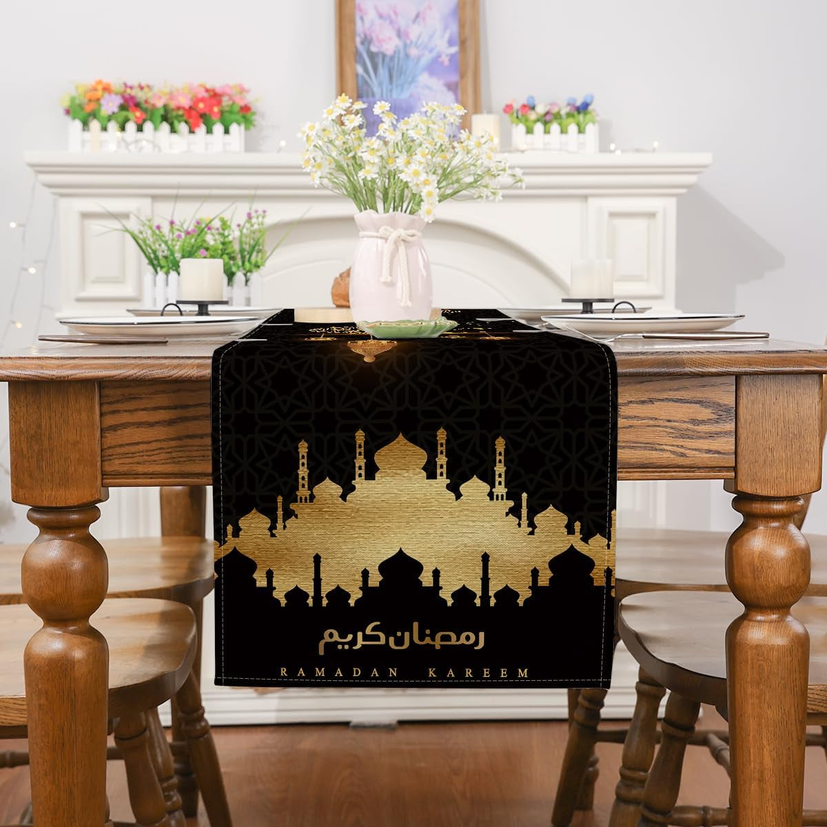 Ramadan Decorations for Home, Ramadan Table Runner Eid Mubarak Mosque Muslim Islamic Golden Moon Religious Table Runner Holiday Decor Dining Table Decoration (13'' X 36'')