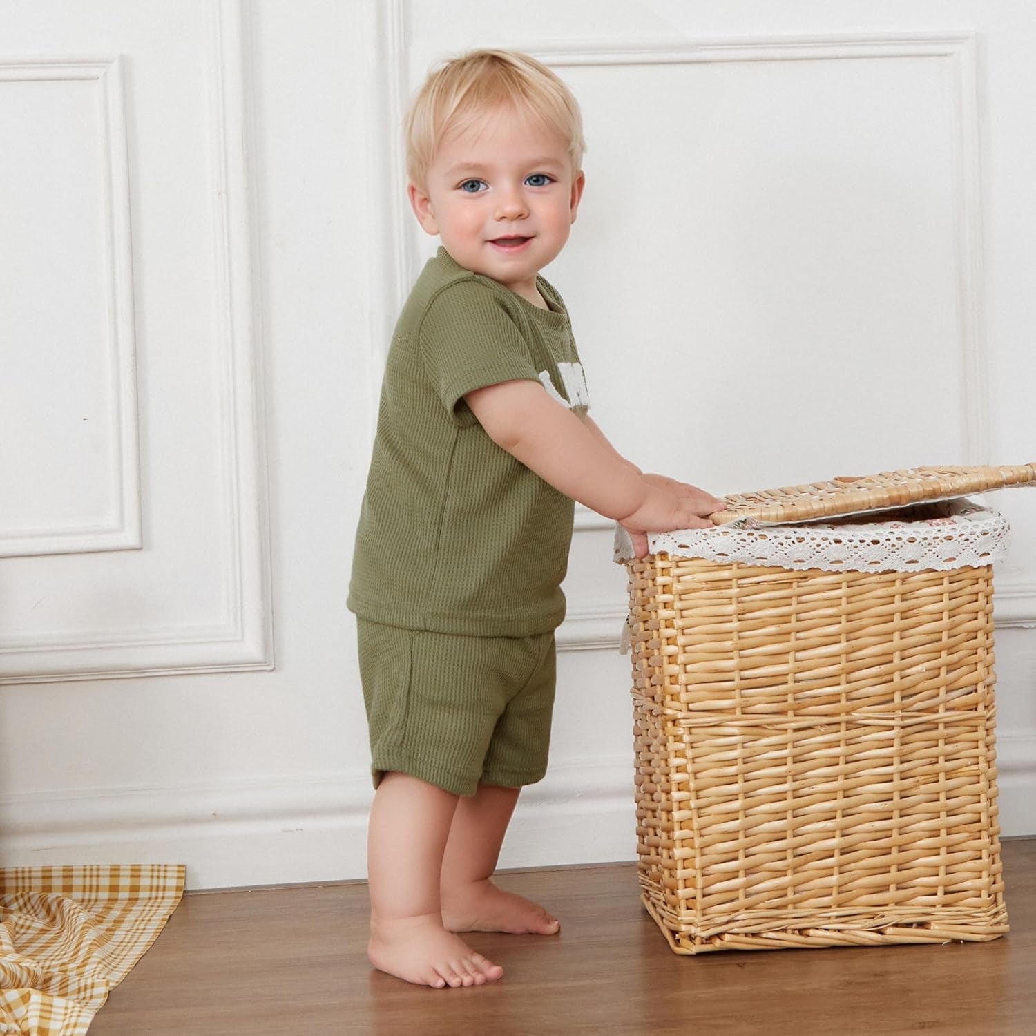Toddler Baby Boy Summer Clothes Embroiderey Waffle Knit Short Sleeve T-Shirt Tees + Casual Shorts Cute Clothing Set
