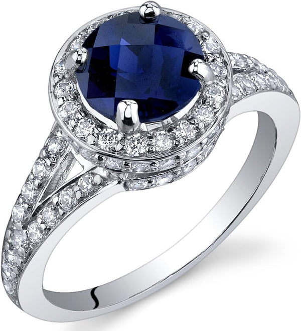 Created Blue Sapphire Ring in Sterling Silver, Vintage Halo Design, 1.75 Carats round Shape, Comfort Fit, Sizes 5 to 9