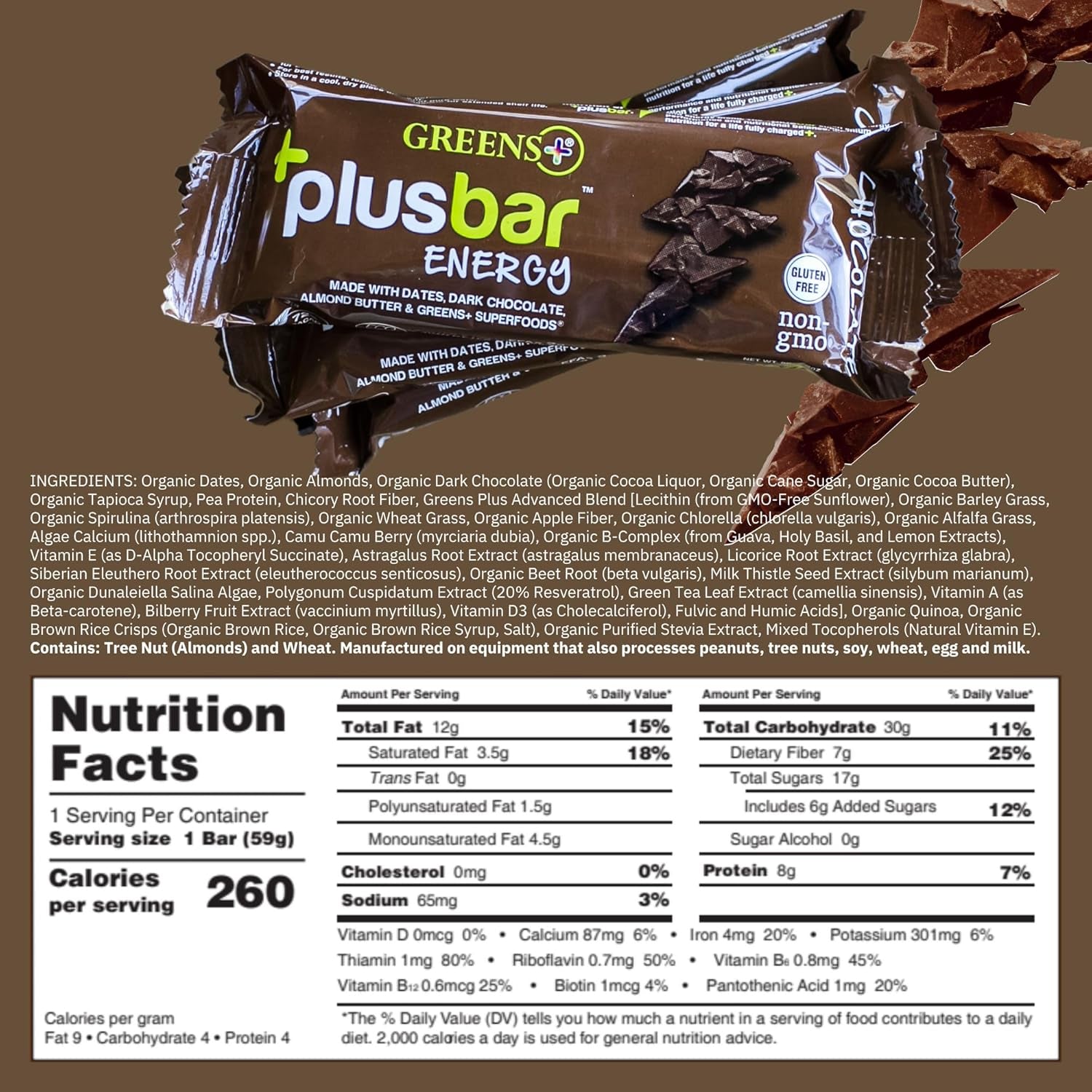 Plusbar Energy Bars, Chocolate, Gluten Free Healthy Snacks with Organic Super Greens, Superfoods & Dark Chocolate, Vegan, Dairy Free & Non GMO, 8G Protein Meal Replacement Bars, 12 Bars