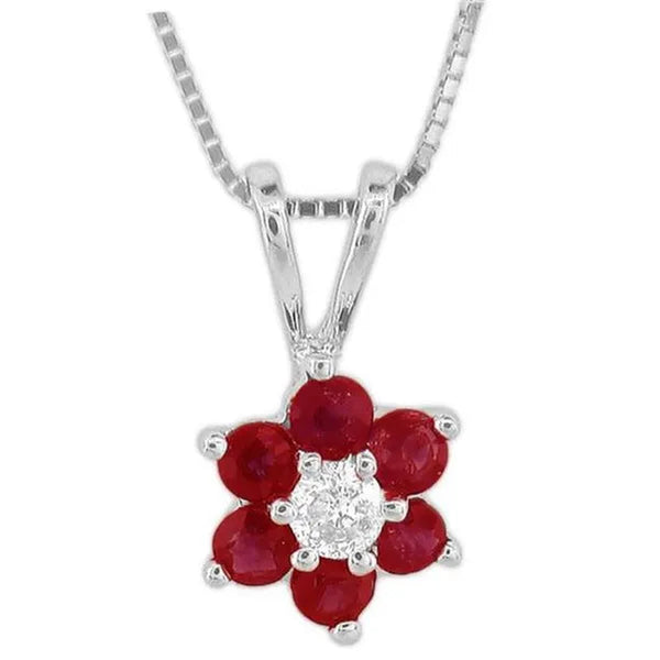 0.47 Ct. Flower Cluster Diamond And Natural Heated Ruby Pendant In 14K Gold