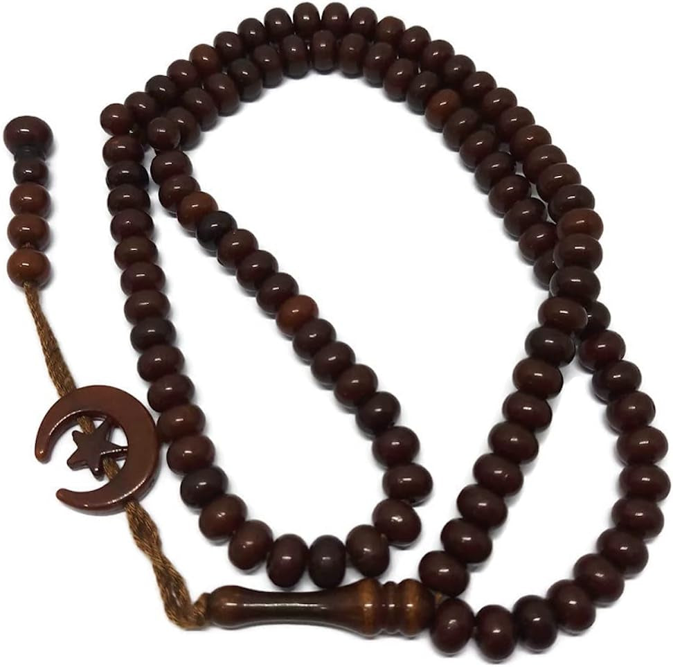 Islam Prayer Tasbih 99 Beads AMN-303 Muslim 8 Mm. Rosary Bead Moon Star Decorated Tassels Haj Eid Ramadan Gift (Brown)