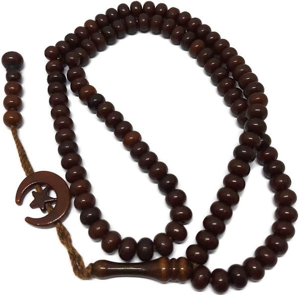 Islam Prayer Tasbih 99 Beads AMN-303 Muslim 8 Mm. Rosary Bead Moon Star Decorated Tassels Haj Eid Ramadan Gift (Brown)
