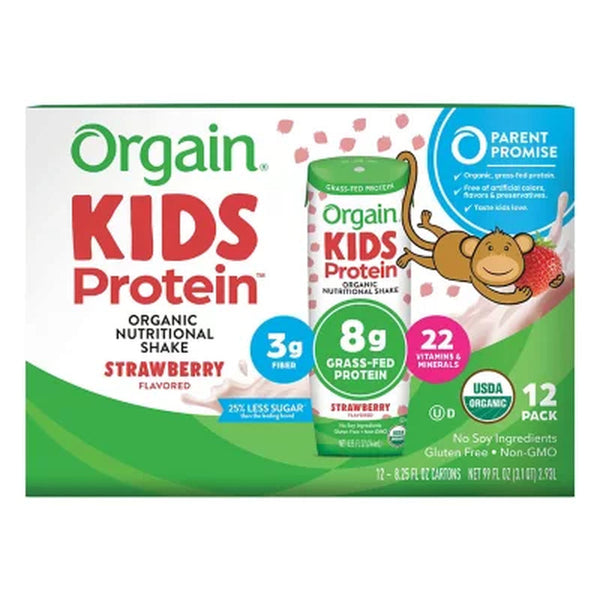 Orgain Kids 8G Grass-Fed Protein Organic Nutritional Shake, Strawberry 8.25 Fl. Oz., 12 Pk.