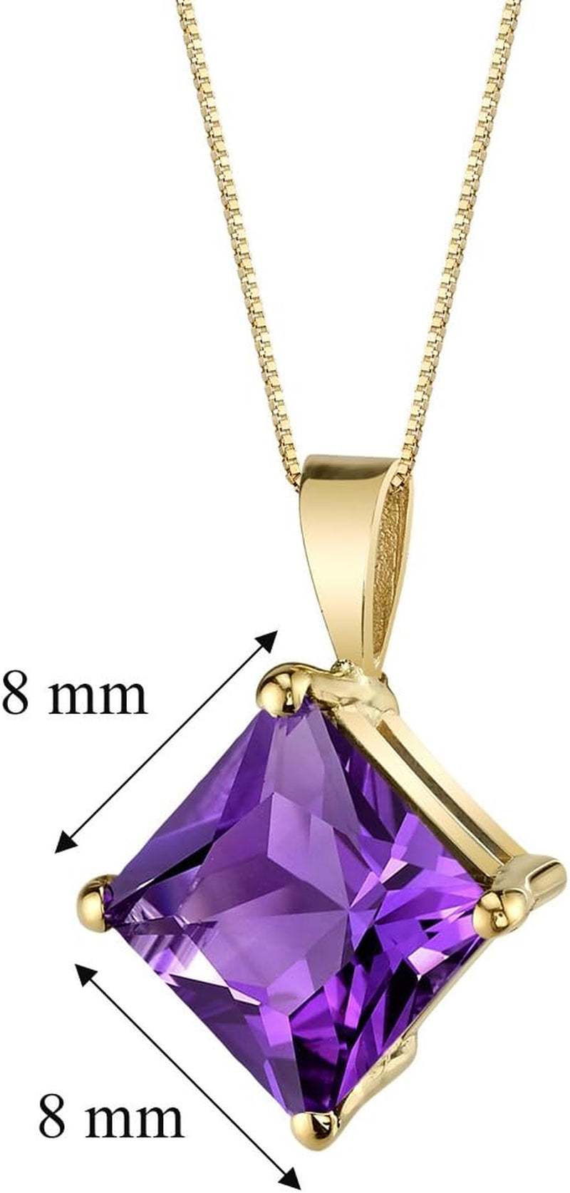 Solid 14K Yellow Amethyst Pendant for Women, 2 Carats Princess Cut 8Mm, Genuine Gemstone Solitaire, Real Amethyst Necklace, February Birthstone Necklace, for Jewelry Gift & Everyday Wear