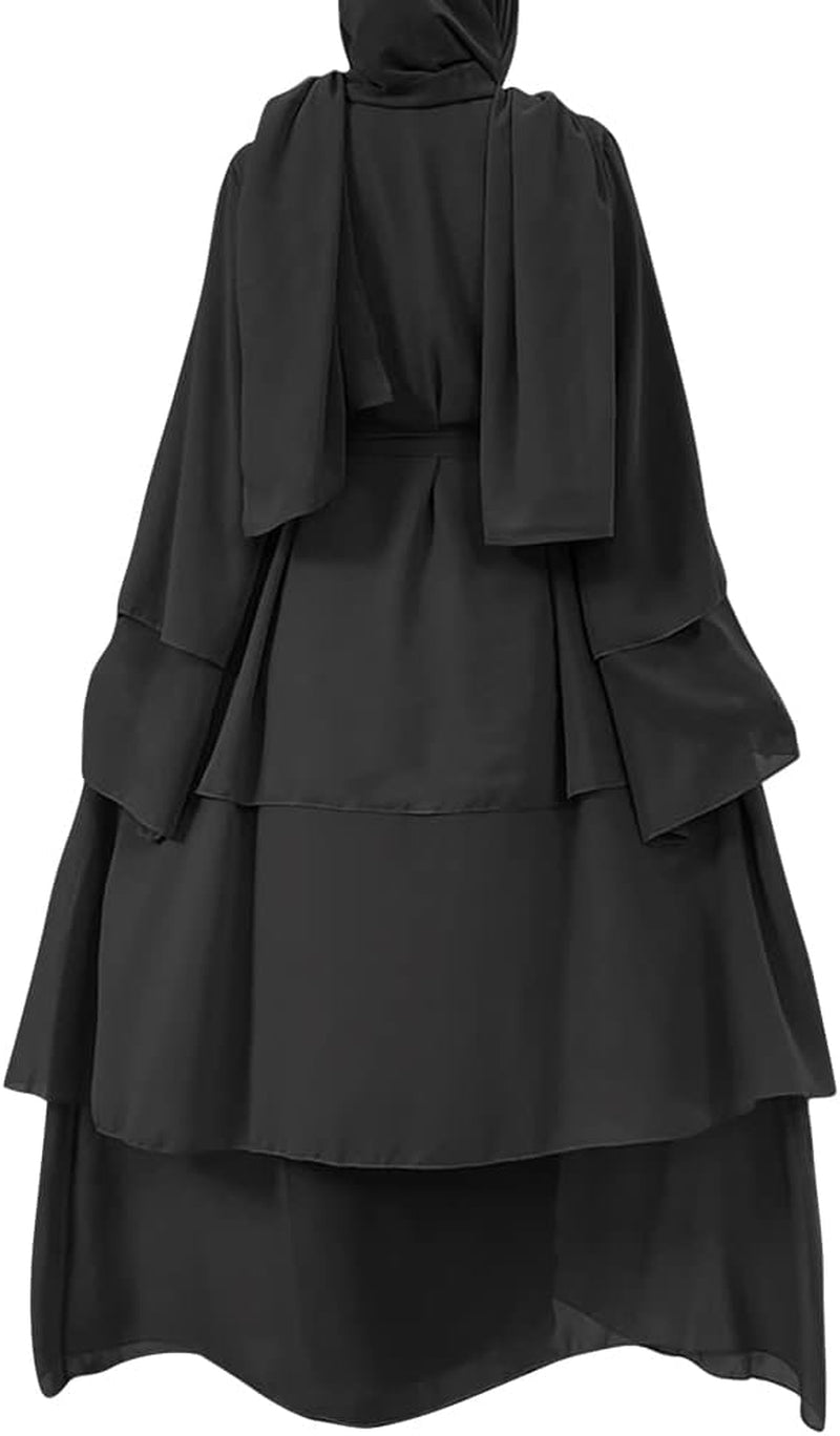 Muslim Chiffon Abaya for Women Open Front Cardigan Modest Dress with Hijab Scarf Middle East Arabian Robe Islamic Long Dress