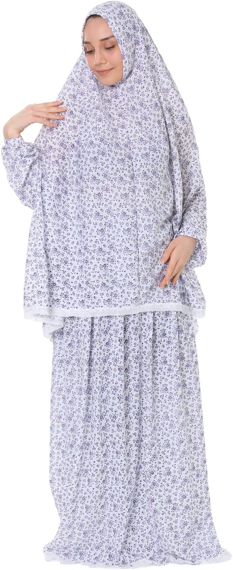 Islamic Dress for Women Prayer Clothes for Muslim Women 2 Piece Set Maxi Skirt with Hijab and Rosary Printed Dress