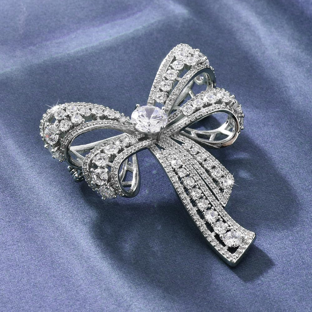 Rhinestone Bow Brooch Pin for Women Shiny CZ Crystal Pearl Dangling Ribbon Bow Knot Lapel Pins Wedding Party Dance Banquet Dress Suit Shirt Scraf Clip for Clothes Accessories Jewelry