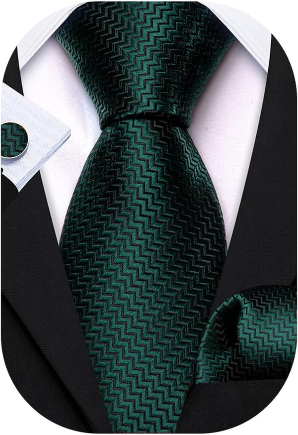 63" Mens Tie Extra Long Striped Plaid Silk Pocket Square Necktie Cufflinks Set for Wedding Business