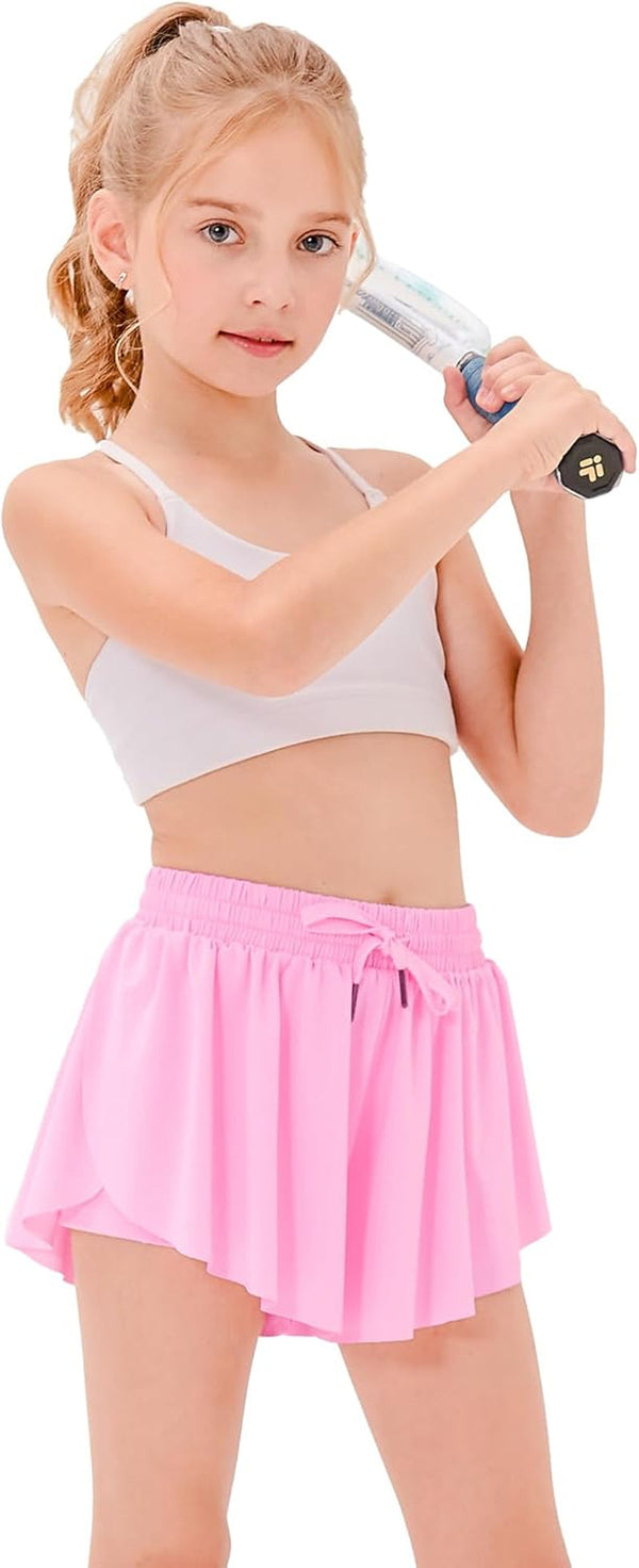 Girls Flowy Shorts with Pockets Athletic Running Skirt High Waist Butterfly 2 in 1 Sports Short 5-16 Years