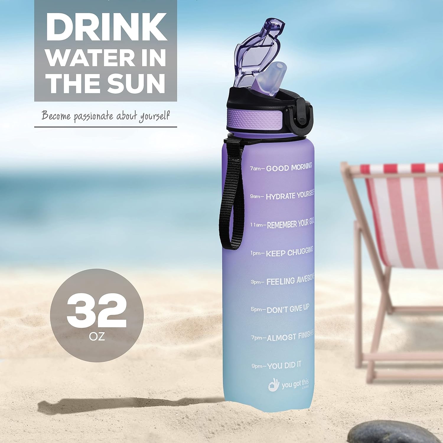 Motivational Water Bottle with Time Marker, 32 Oz Water Bottle, Sports Water Bottle with Spout, Achieve All-Day Hydration Spillproof, BPA FREE