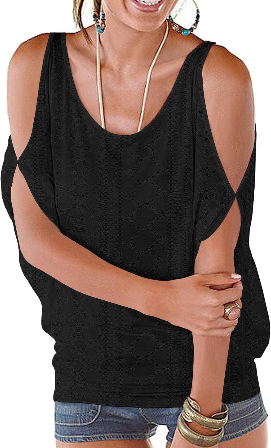 Women Cold Shoulder O-Neck Short Sleeve Loose Fit Summer Shirt Blouse Tops