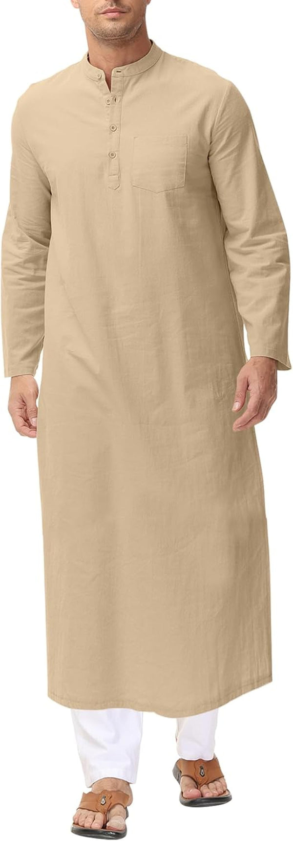 Kaftan for Men Long Sleeve Caftan Thobe Side Split Muslim Robe Button down Long Gown Tunic Shirts