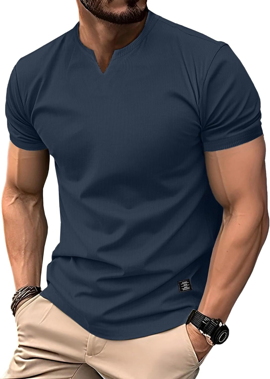 Mens Muscle T Shirts V Neck Short Sleeve Henley Shirt Hipster Longline Gym Workout Athletic Tee Shirts