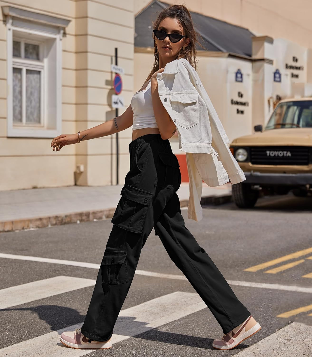 Women Pants High Waisted Cargo Pants Combat Military Wide Leg Casual Trousers 8 Pockets