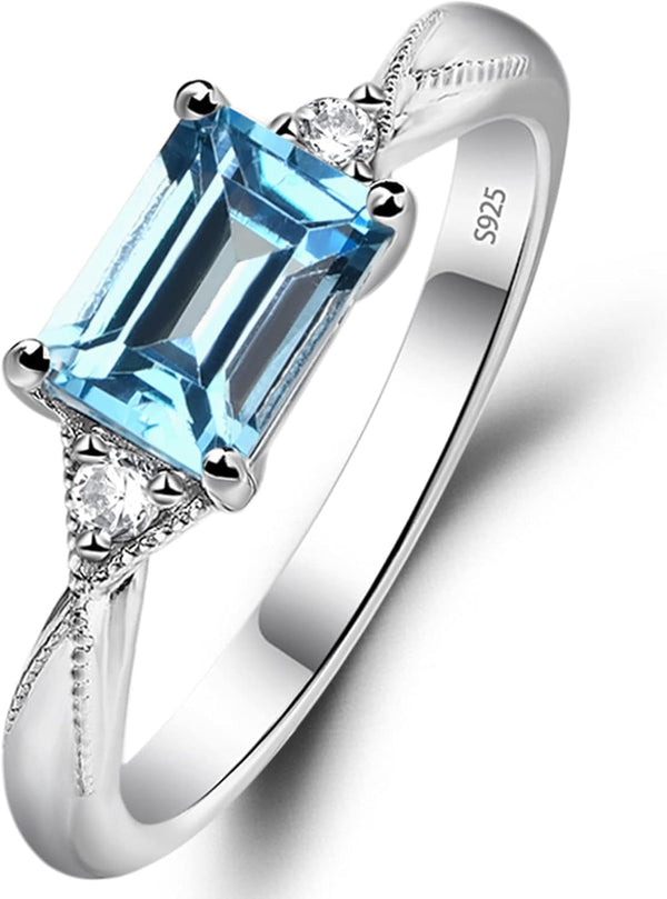 LUO 925 Sterling Silver Emerald Cut 7X5 MM Gemstone Ring East West Dainty Promise Ring for Women