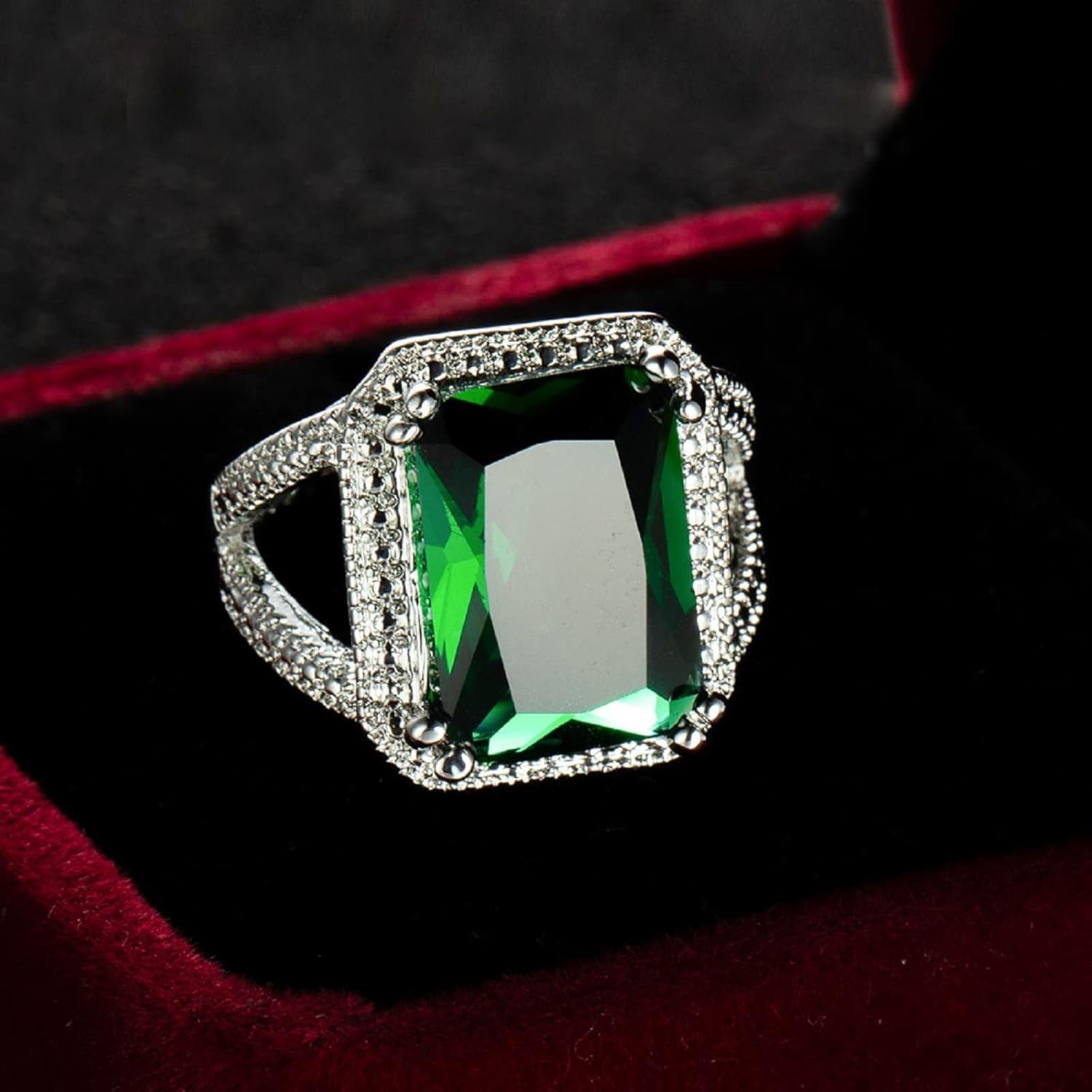 Emerald Halo 925 Sterling Silver Emerald Ring Cocktail Rings Square Cut Green Gem Cubic Zirconia Anniversary Promise Ring CZ Eternity Engagement Wedding Band Ring for Women (7)