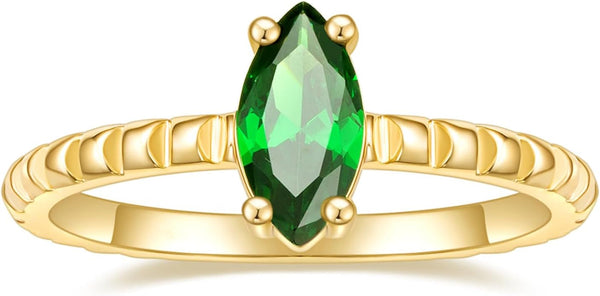 14K Gold Plated Engagement Rings for Women Created Green Emerald Solitaire Emerald Oval Marquise Cut Wedding Band Promise Ring for Her Size 5-10