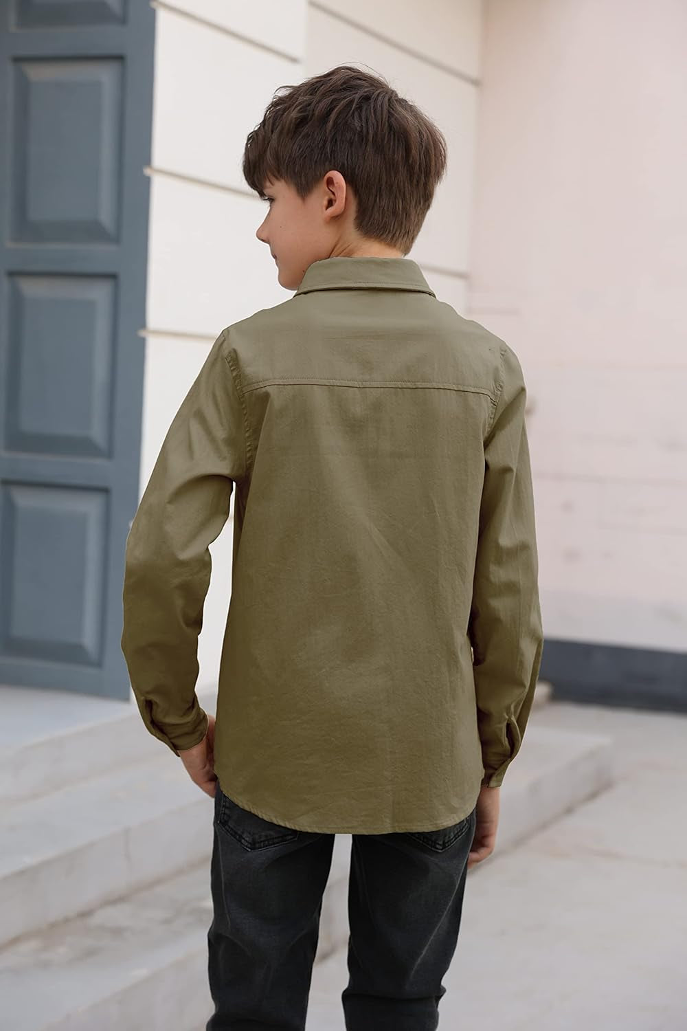 Boys' Long Sleeve Dress Shirts Classic Collared Button-Down Tshirt Solid Cotton Top with Chest Pocket