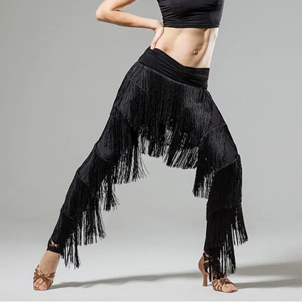 Womens Adult Dancewear Latin Rumba Cha Cha Samba Belly Dance Tassel Fringe Pants Trousers Black