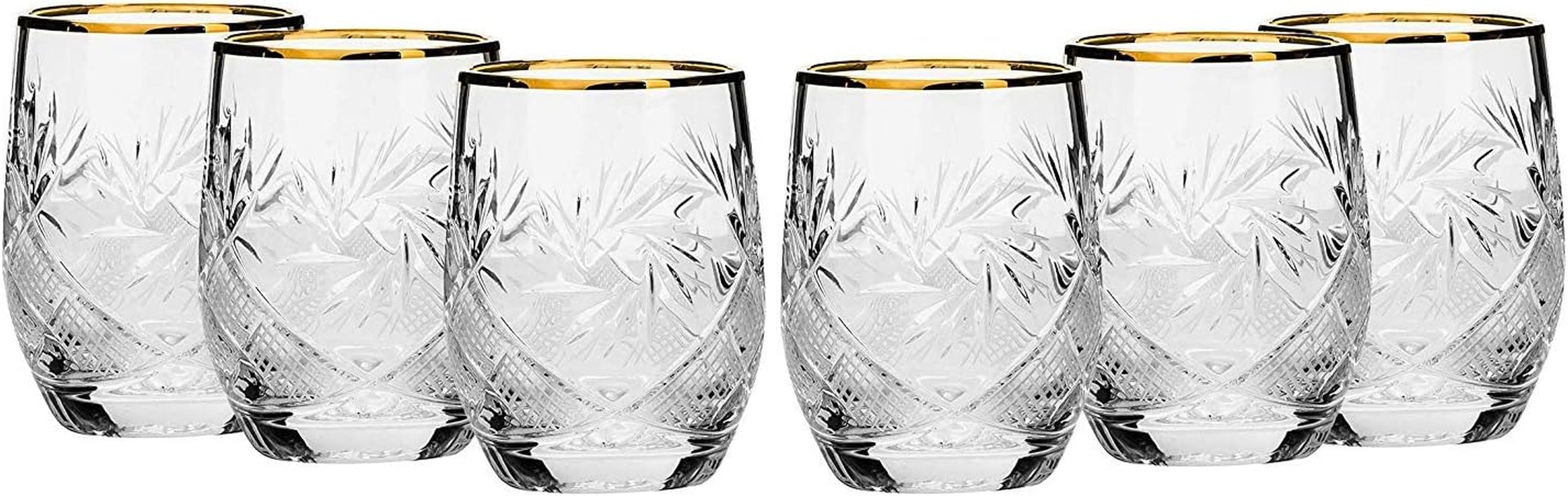 Elegant and Modern Russian Cut Crystal Beverage Glass, Barware for Scotch, Bourbon, Liquor and Cocktail - 8 Oz Beverage Glass Gold Rim, Set of 6