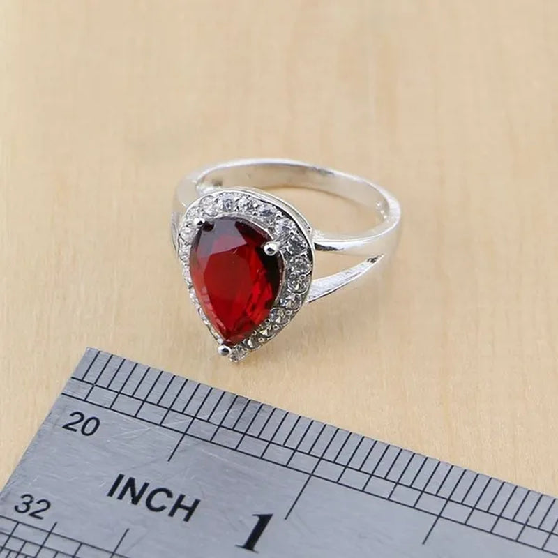 Water Drop 925 Sterling Silver Jewelry Red Ruby White Topaz Jewelry Sets Women Earrings/Pendant/Necklace/Rings/Bracelet