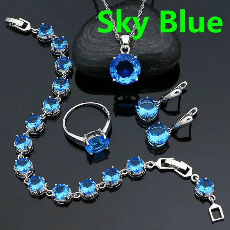 925 Sterling Silver Bridal Jewelry Sets Green Emerald Drop Earrings Ring Pendant Necklace Bracelet 4Pcs Birthday Gift for Women