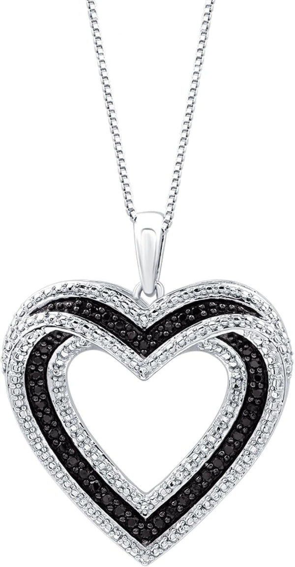 Sterling Silver Necklace with Natural Round-Cut Black Diamond and Heart Shaped Pendant, 18-Inch White Silver Chain, 1/4 Carat Total Weight Diamonds, Elegant Gift Box Included