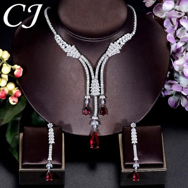 CANDICE Exclusive Design Bridal Jewelry Set with Red Teardrop Stones for Women Wedding CZ Long Tassel Choker Necklace Earrings Sets