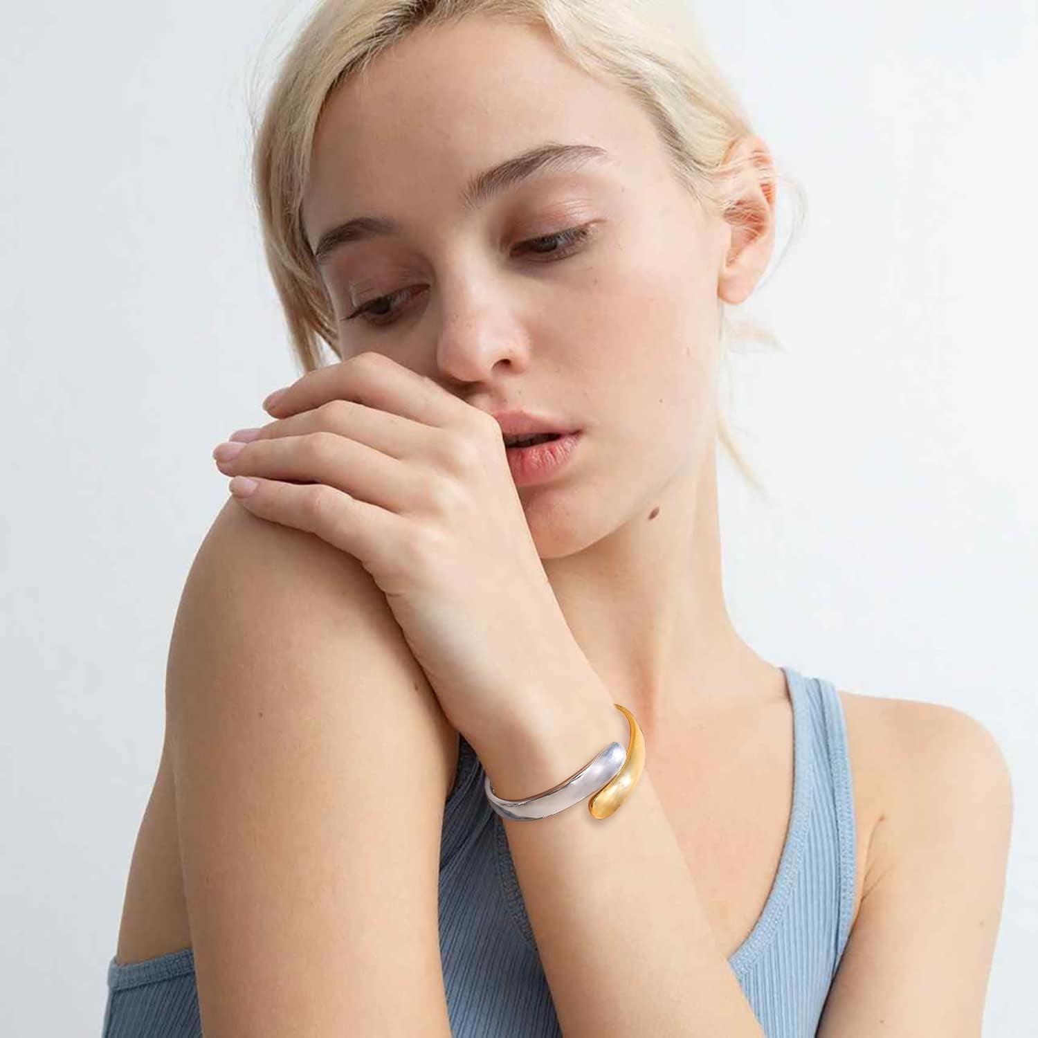 Two-Tone Cuff Bracelet for Women Dainty Teardrop Open Bangle Gold Plated Adjustable Cuff Bracelet