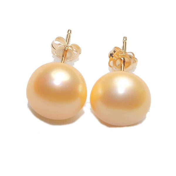 Quality Golden Champagne Pearl Semi round Dome Button 10 MM Stud Earrings 14K Gold Filled