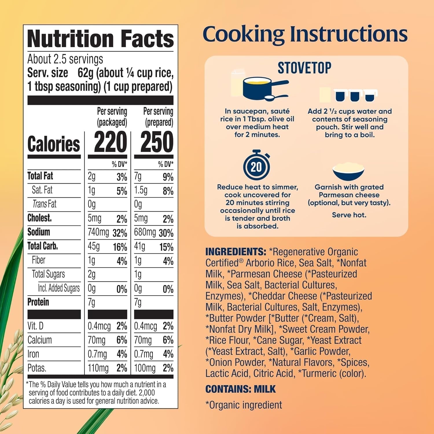 Organic Creamy Parmesan Risotto Seasoned Rice - Regenerative Organic Certified Arborio Rice & Seasoning Mix, Gluten Free, 5.5 Ounce Box