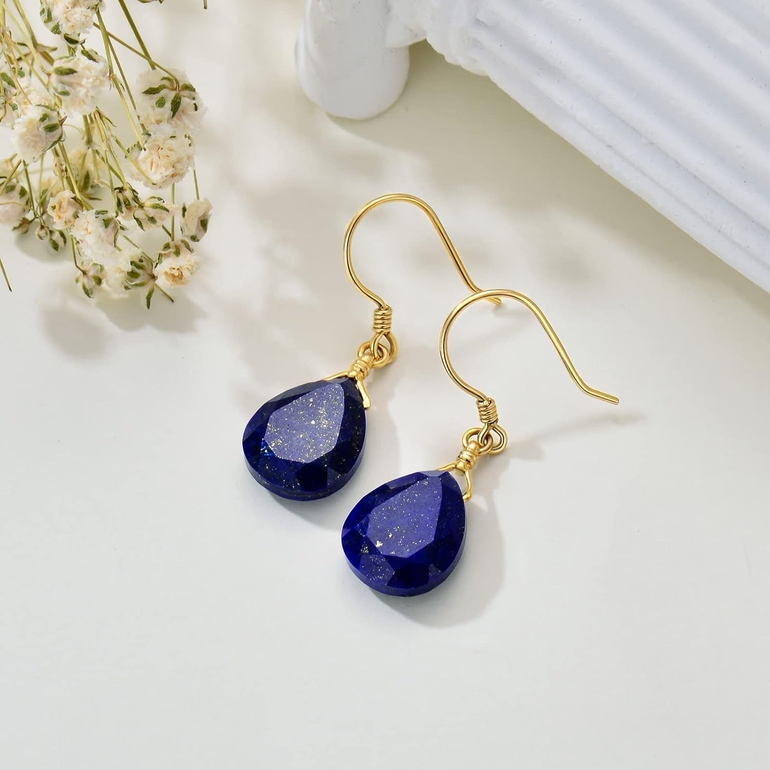 14K Solid Gold Lapis Faceted Teardrops Earrings for Women, Natural Lapis Lazuli Dangle Drops Earrings,Lapis Jewelry Blue Earrings Gifts for Her Christmas Valentines