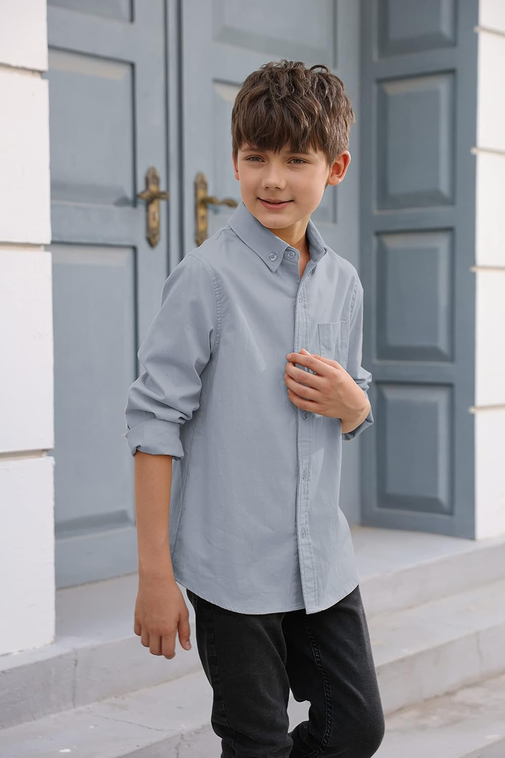 Boys' Long Sleeve Dress Shirts Classic Collared Button-Down Tshirt Solid Cotton Top with Chest Pocket
