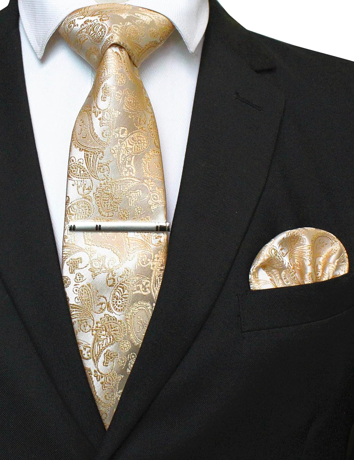 Mens Solid Color Paisley Necktie and Pocket Square with Tie Clip Sets