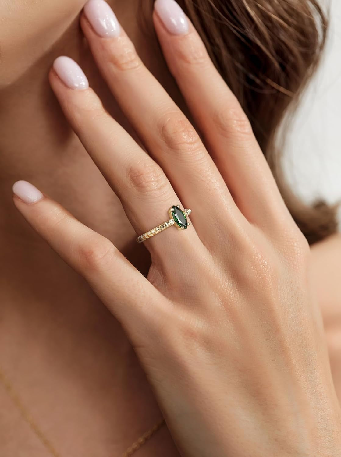 14K Gold Plated Engagement Rings for Women Created Green Emerald Solitaire Emerald Oval Marquise Cut Wedding Band Promise Ring for Her Size 5-10