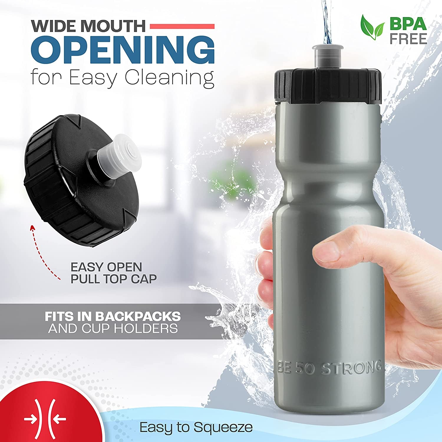 Sports Water Bottles – Reusable 22 Oz Bpa-Free Plastic Bottles with Pull Top Cap – Made in USA – Top Rack Dishwasher Safe – Fits Most Bike Cages Brand