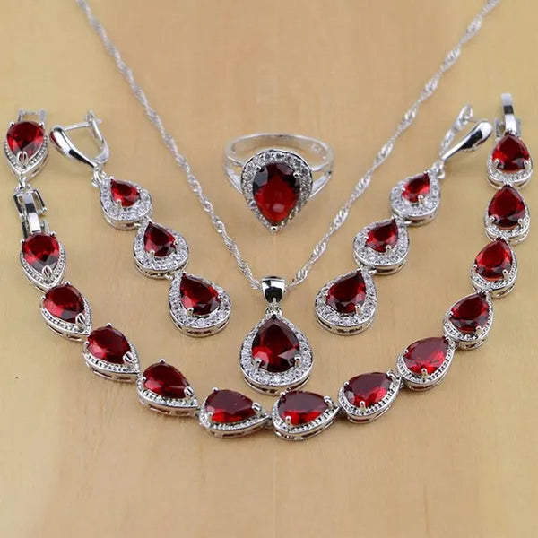 Water Drop 925 Sterling Silver Jewelry Red Ruby White Topaz Jewelry Sets Women Earrings/Pendant/Necklace/Rings/Bracelet