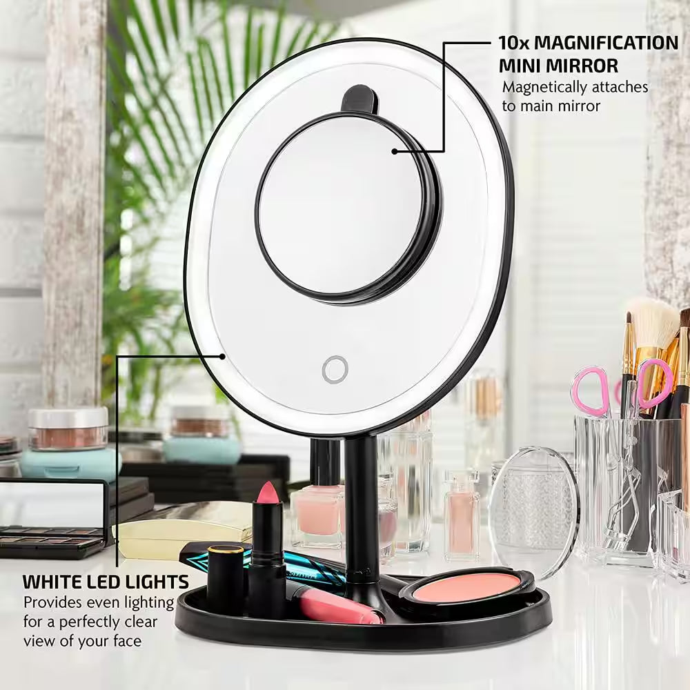 6 In. X 12 In. Surface-Mount Lighted Tabletop/Medicine Cabinet Makeup Mirror with 10X Mini Magnetic Mirror in Black