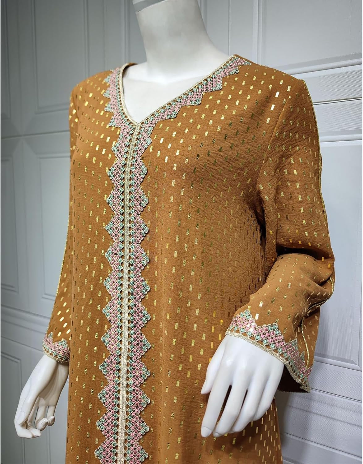 Women'S Muslim Abaya Dress V Neck Bronzing Long Sleeves Elegant Prayer Wear Daily Casual Dress