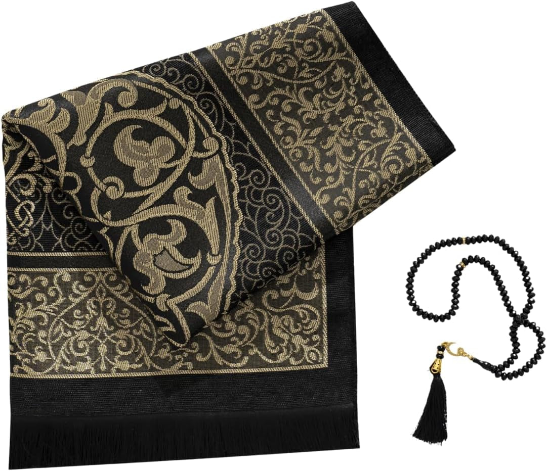 Muslim Prayer Rug with Tasbih - Prayer Mat - Islamic Gifts Set - Prayer Matt Islam - Travel Prayer Mat - Islamıc Prayer Rug - Portable Prayer Mat - Muslim Gifts for Women Men (Black)